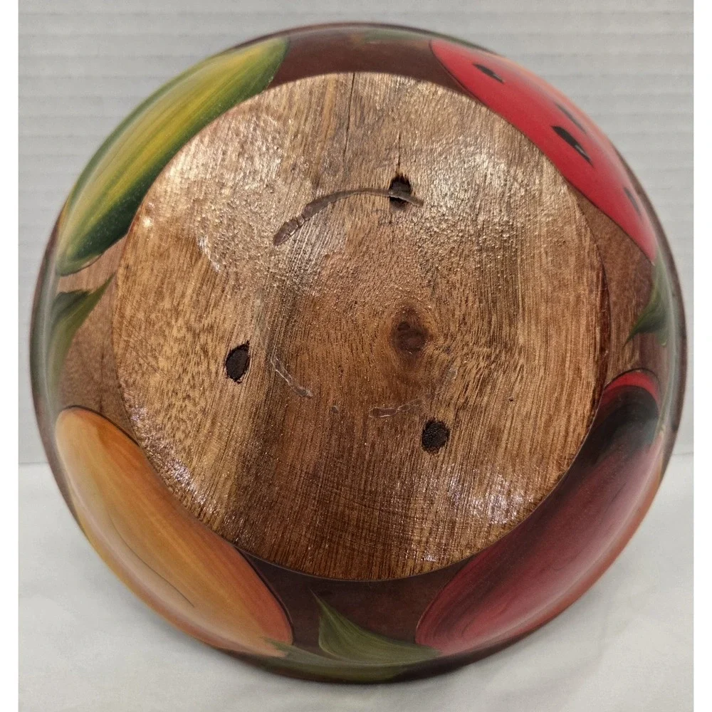 Vtg Hand Painted Mexican Wood Bowl Vibrant Fruit Folk Art Olinala Style Signed
